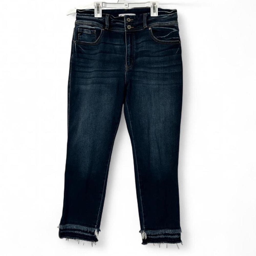 KanCan Dark Blue Denim Jeans Double Raw Hem High Waisted Dark Wash Skinny Sz 30